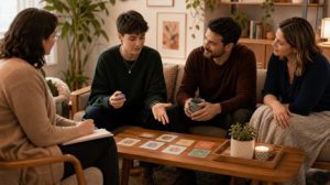 Dialectical Behavior Therapy (DBT) session in Durham NC helping clients develop mindfulness, emotional regulation, distress tolerance, and relationship skills in an affirming therapy setting.